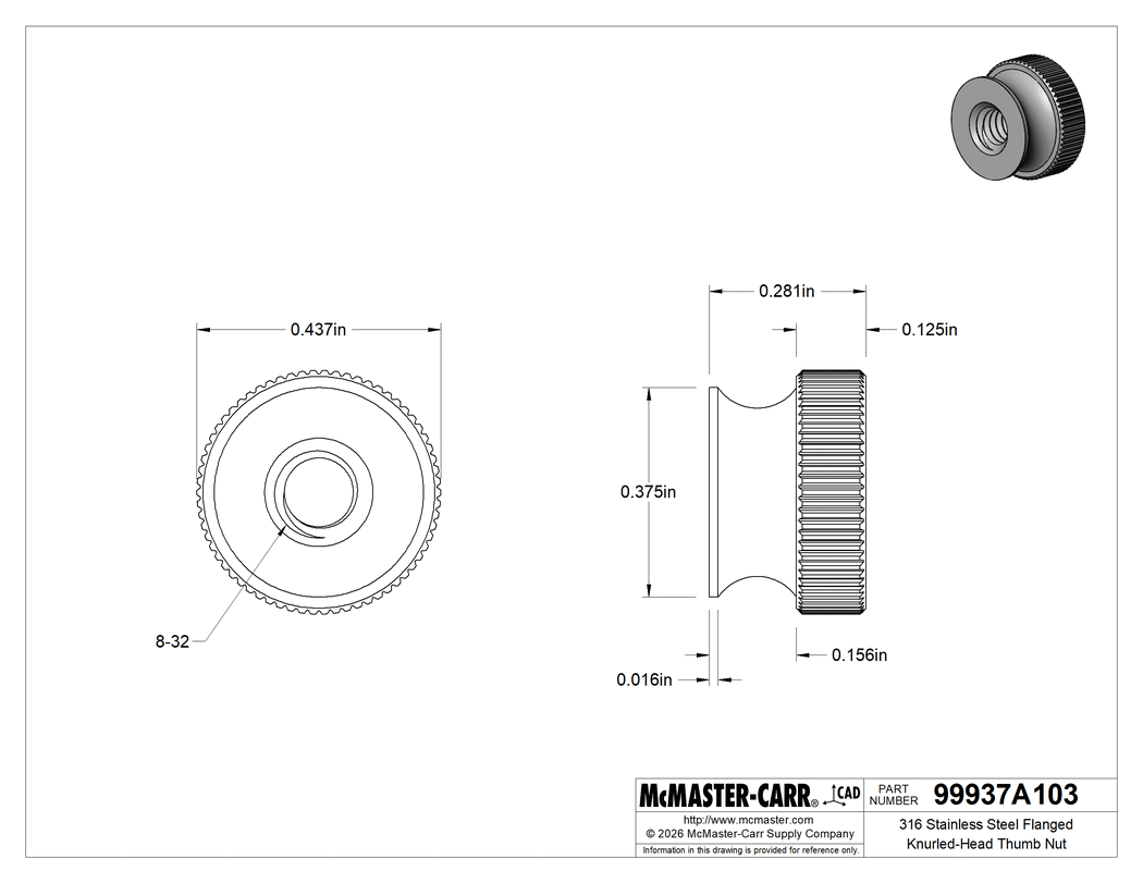 Technical Drawing of 316 Stainless Steel Flanged Knurled-Head Thumb Nut, Super-Corrosion-Resistant, 8-32 Thread Size.